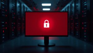 Computer monitor displaying a red screen with a white padlock icon in a dimly lit server room