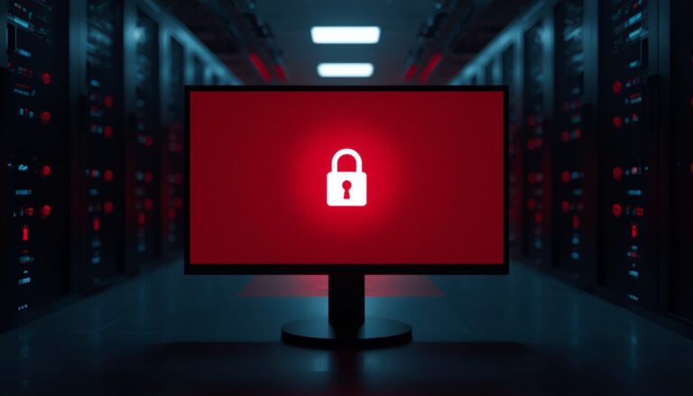 Computer monitor displaying a red screen with a white padlock icon in a dimly lit server room