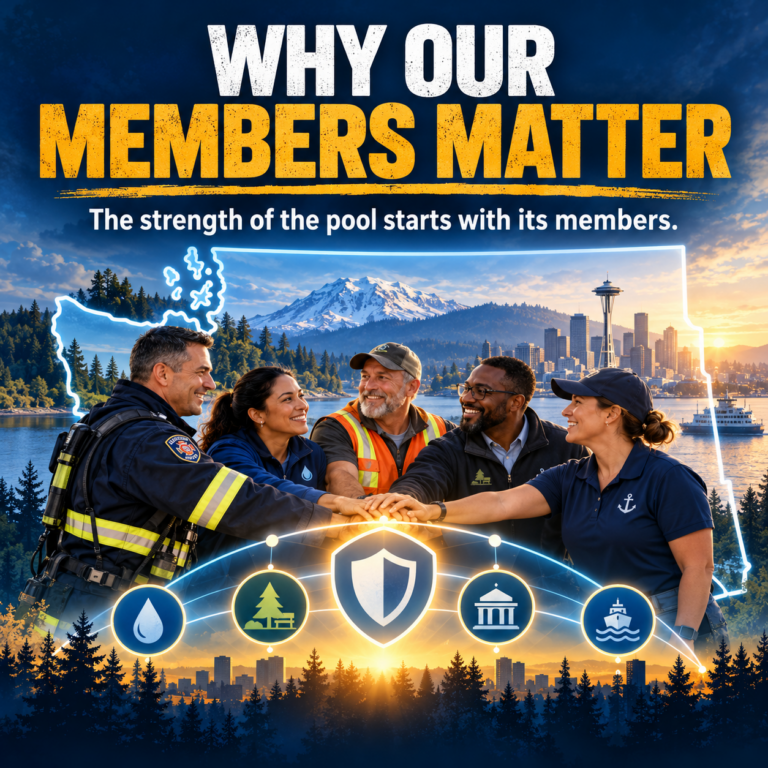 Illustration of five public workers joining hands in front of a Washington State outline, Mount Rainier and the Seattle skyline, under the headline Why Our Members Matter