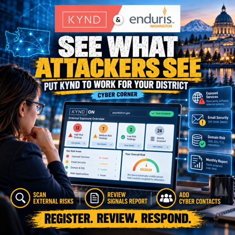 Promotional graphic for KYND and Enduris showing a person reviewing a KYND ON risk dashboard, headline See What Attackers See