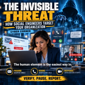 Graphic of a worried employee at a laptop surrounded by a suspicious email, an unknown caller and a possible deepfake video call, headline The Invisible Threat
