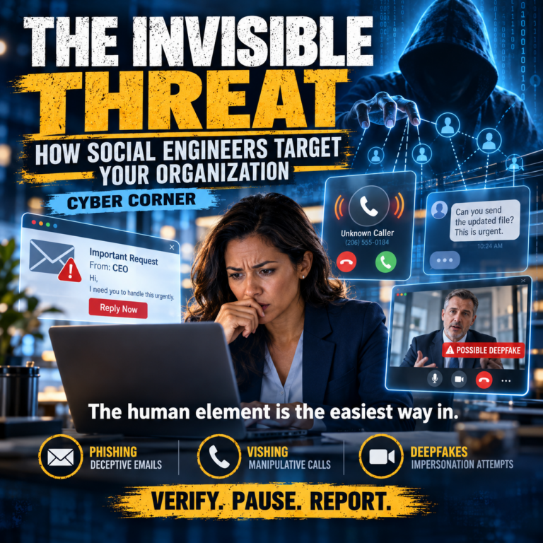 Graphic of a worried employee at a laptop surrounded by a suspicious email, an unknown caller and a possible deepfake video call, headline The Invisible Threat