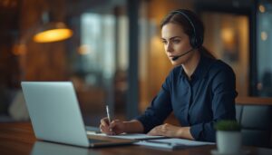 Woman wearing a headset taking notes at a laptop in a dimly lit office