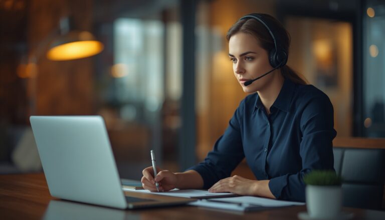 Woman wearing a headset taking notes at a laptop in a dimly lit office